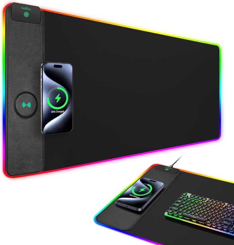 ExtreLife Mouse Pad with Wireless Charging, RGB Gaming Desk Mat, Large XXL Desk Pad, 15 Lighting Modes, Ultra-Smooth Surface, Non-Slip Mouse Mat, Waterproof Computer Keyboard Pad for Gamer, 800x400x4MM, Black - Image 1